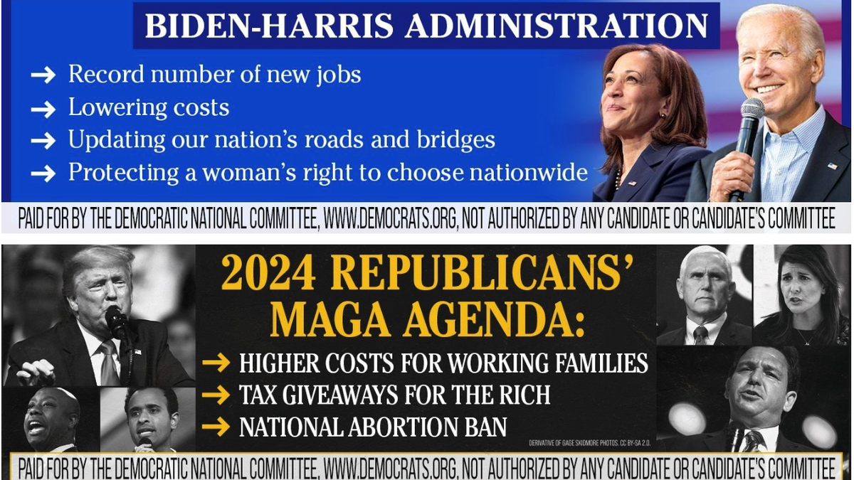DNC billboard - top says "Biden-Harris administration" and bottom says "2024 Republicans' MAGA agenda" with bullet lists
