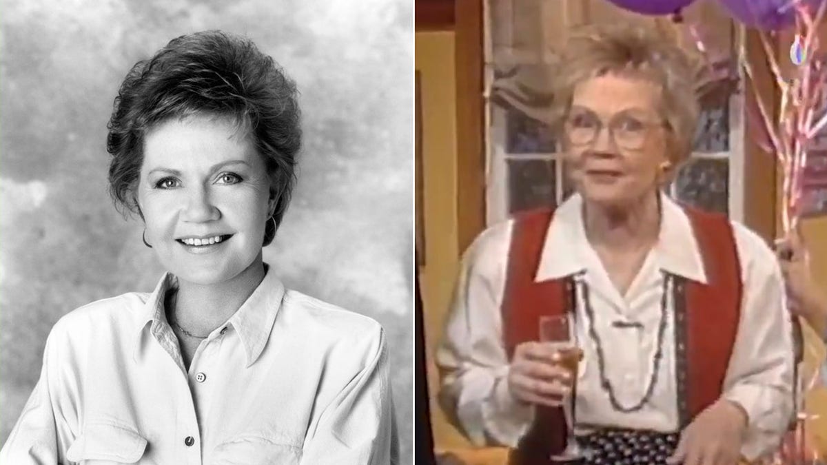 A split image of Carol Duvall on her show and of a head shot