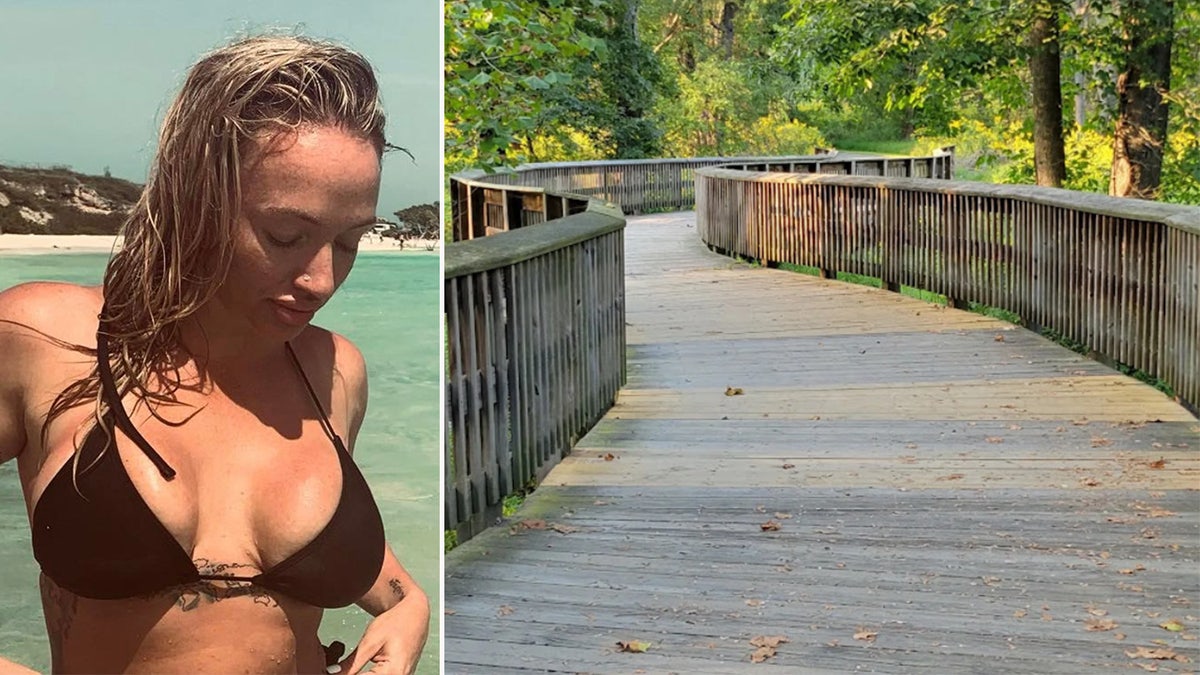 Rachel Morin in black bikini, left; boardwalk for Ma and Pa trail shown at right