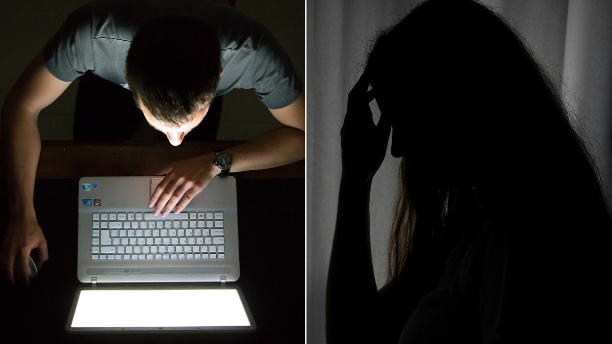 Guy in dark room on laptop split with image of girl in dark room
