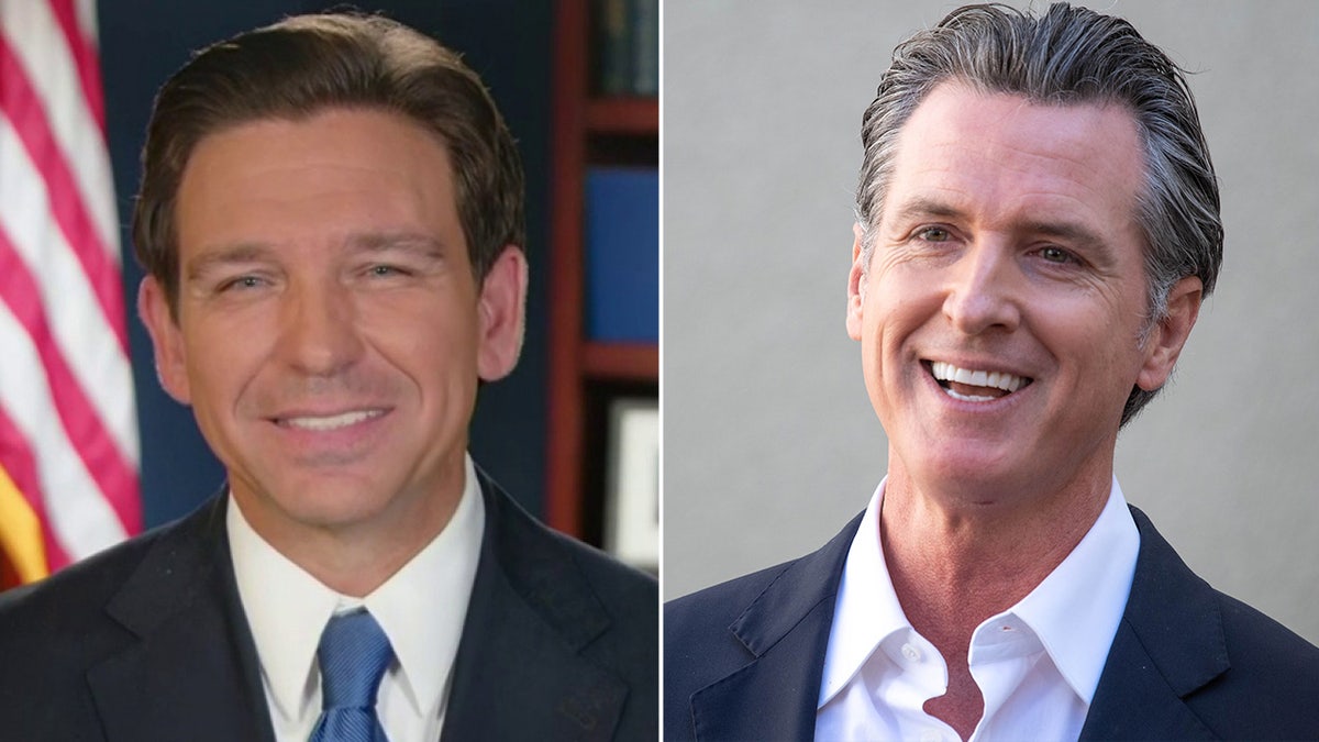a side-by-side photo of Gavin Newsom and Ron DeSantis