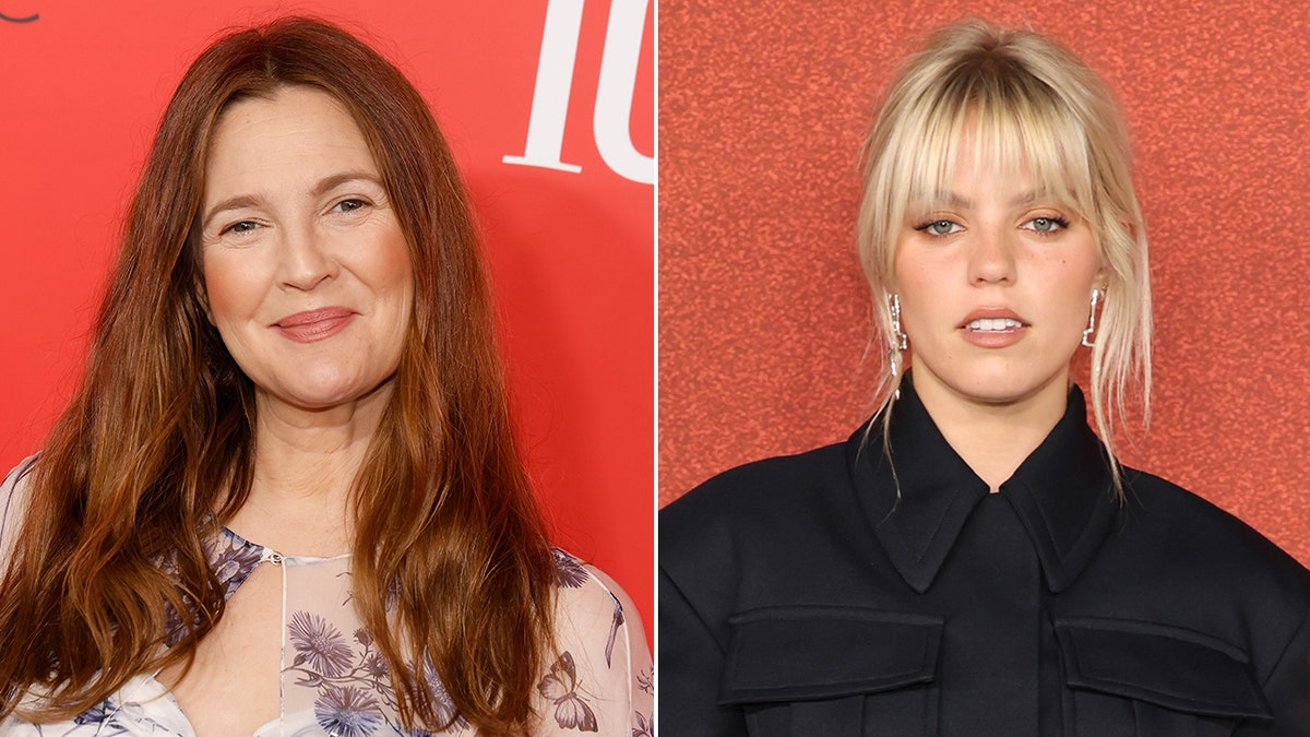 Drew Barrymore in a printed dress soft smiles on the carpet split Reneé Rapp in a black button down looks serious on the carpet