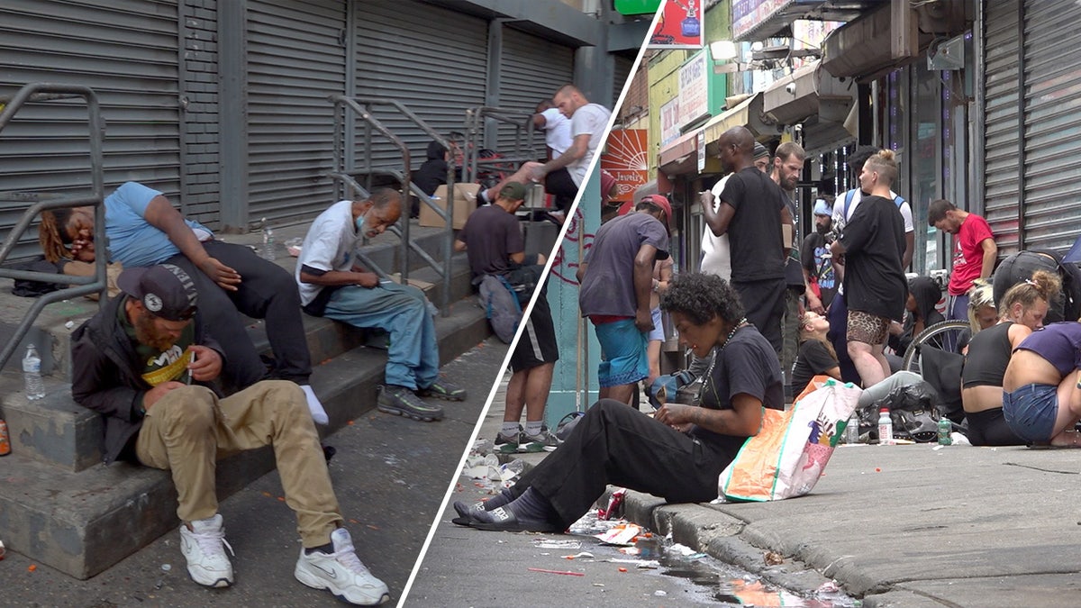 Drug users with needles on a Kensington sidewalk