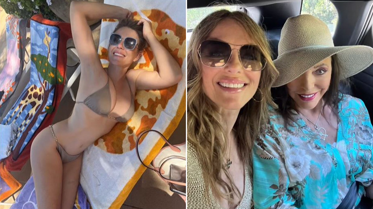 Side by side of Elizabeth Hurely in a bathing suit with her next to Joan Collins