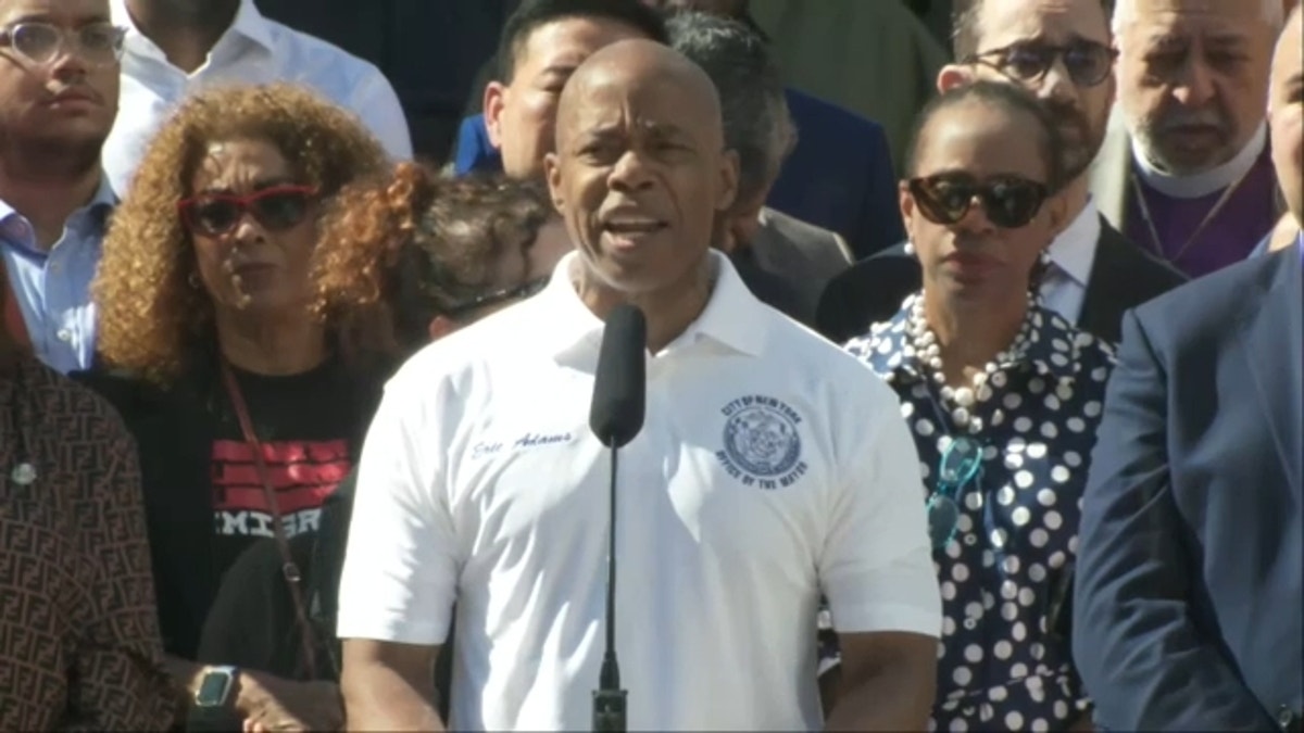 NYC Mayor Eric Adams speaking at a rally