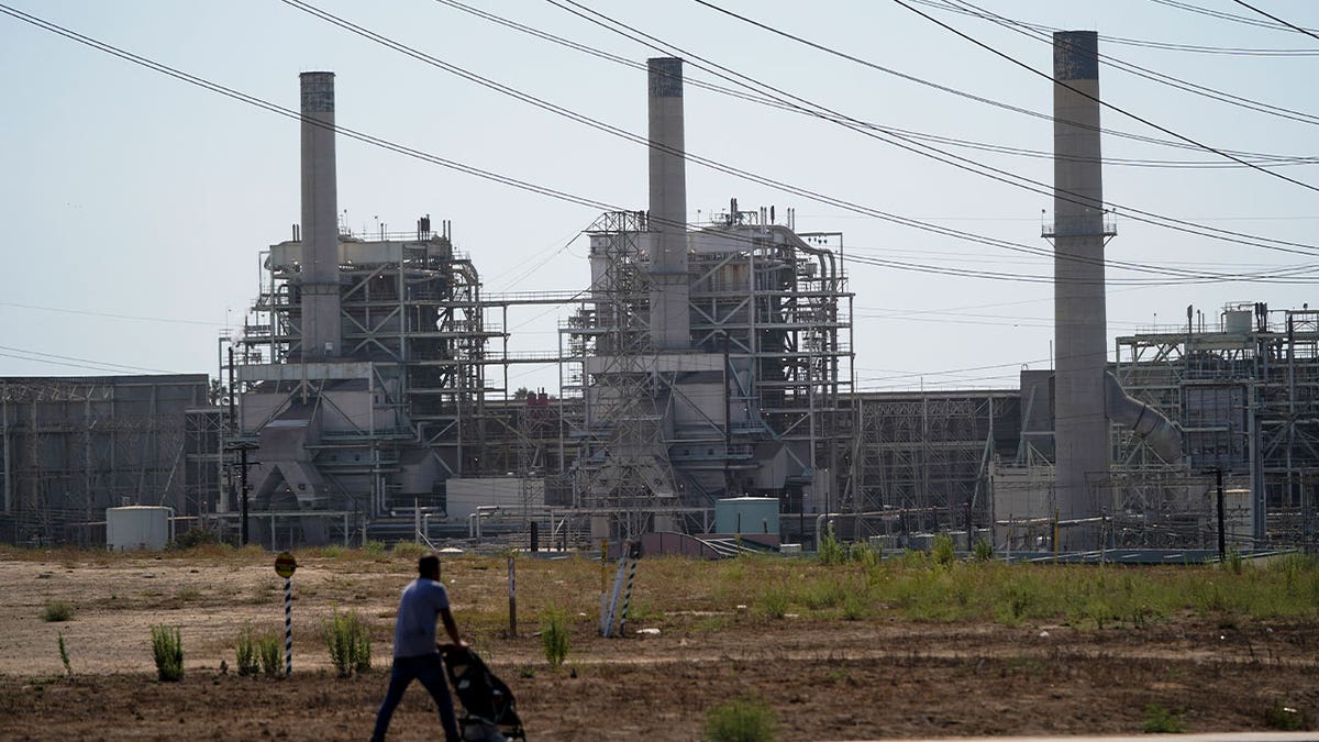 man pushes stroller near power plant