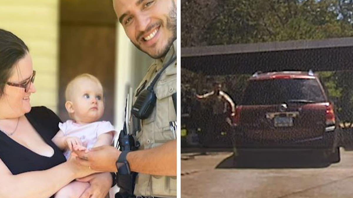 A split of the deputy breaking the van's window and him holding the baby