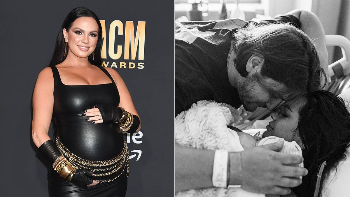 renee blair showing off baby bump at acm awards renee blair with husband and baby in hospital bed