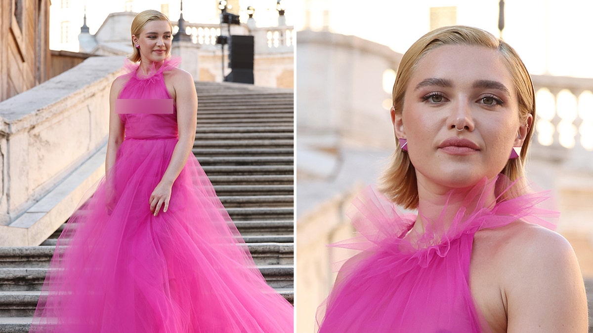 Florence Pugh walks Italian steps in pink Valentino sheer dress