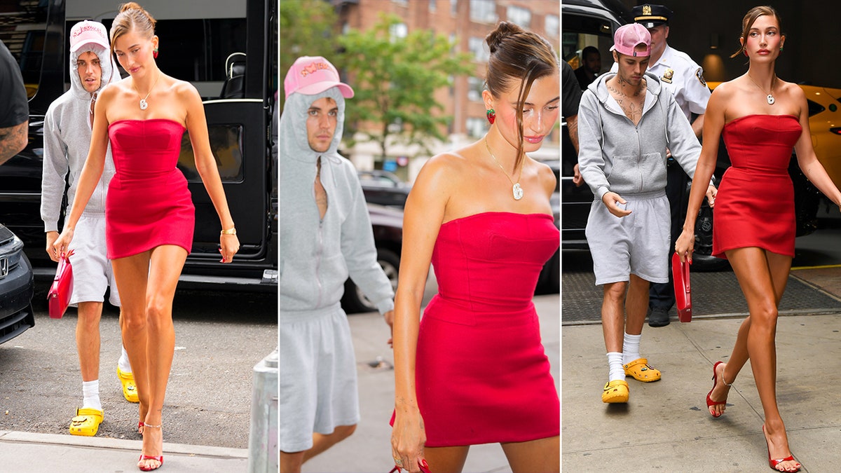 Justin Bieber was photographed supporting his wife across New York as she promoted the newest release for her Rhode Skin brand.