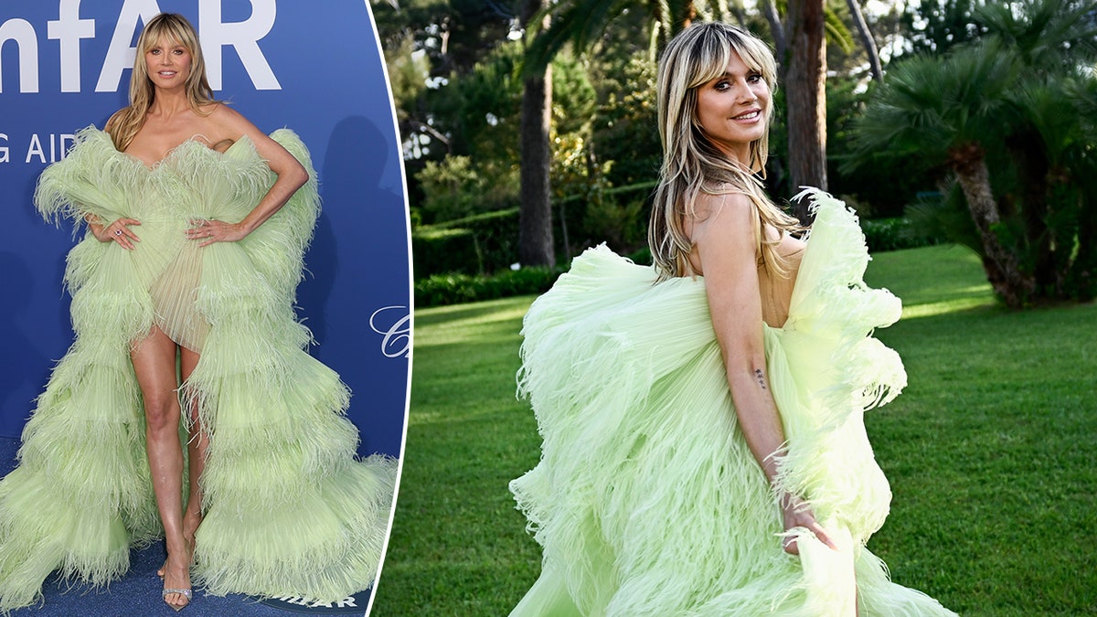 Heidi Klum in a light pastel green dress with lots of tulle on the carpet split Heidi Klum looks back at the camera wearing the same dress walking on grass, both at the amfAR Cannes Gala