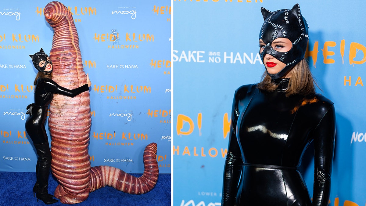 Leni Klum as Catwoman giving her mom Heidi Klum, dressed as a worm, a hug.