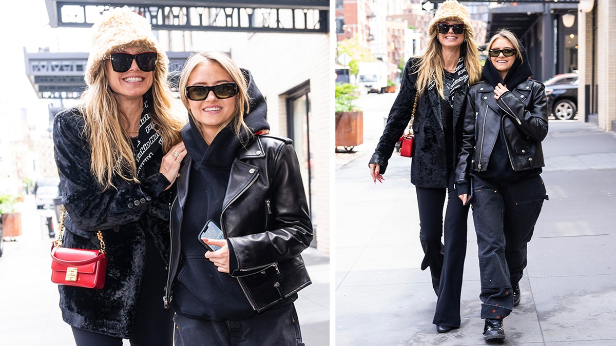 Heidi Klum and Leni Klum walking down the street in matching outfits