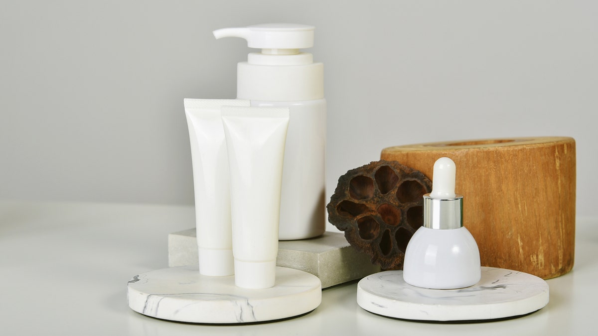 Skincare products displayed on a table.