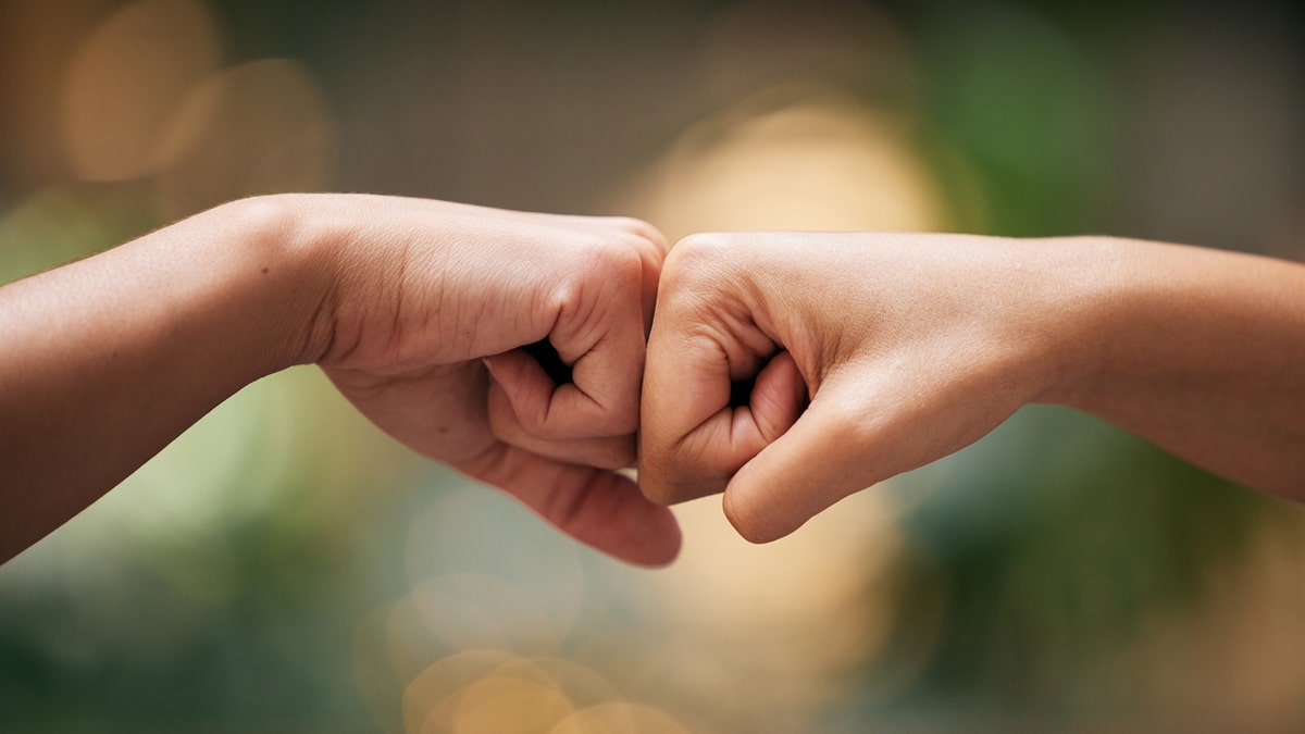 Close-up of fist-bumping hands.