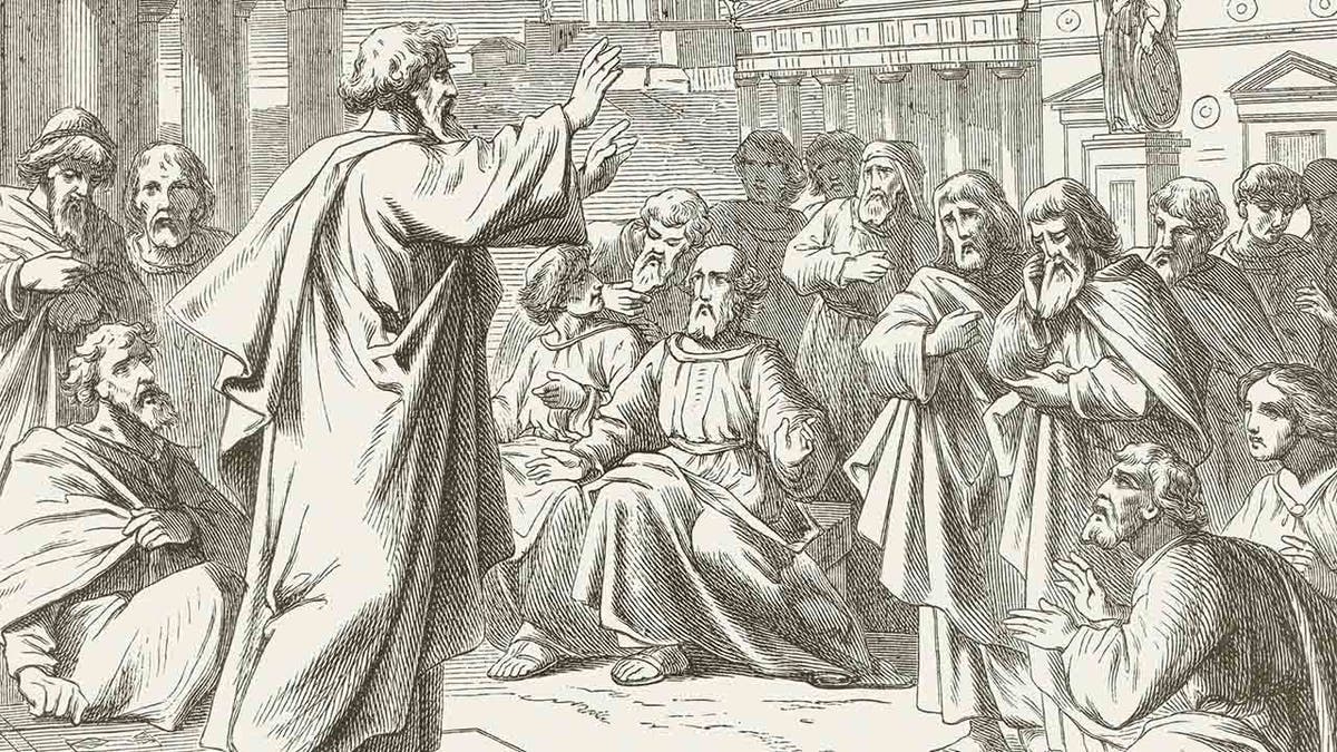 woodcut of St. Paul preaching