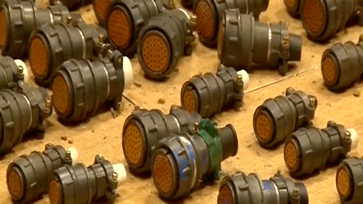Video footage shows what Iranian officials described as faulty foreign parts that could be used in a missile or a drone on Aug. 31, 2023.
