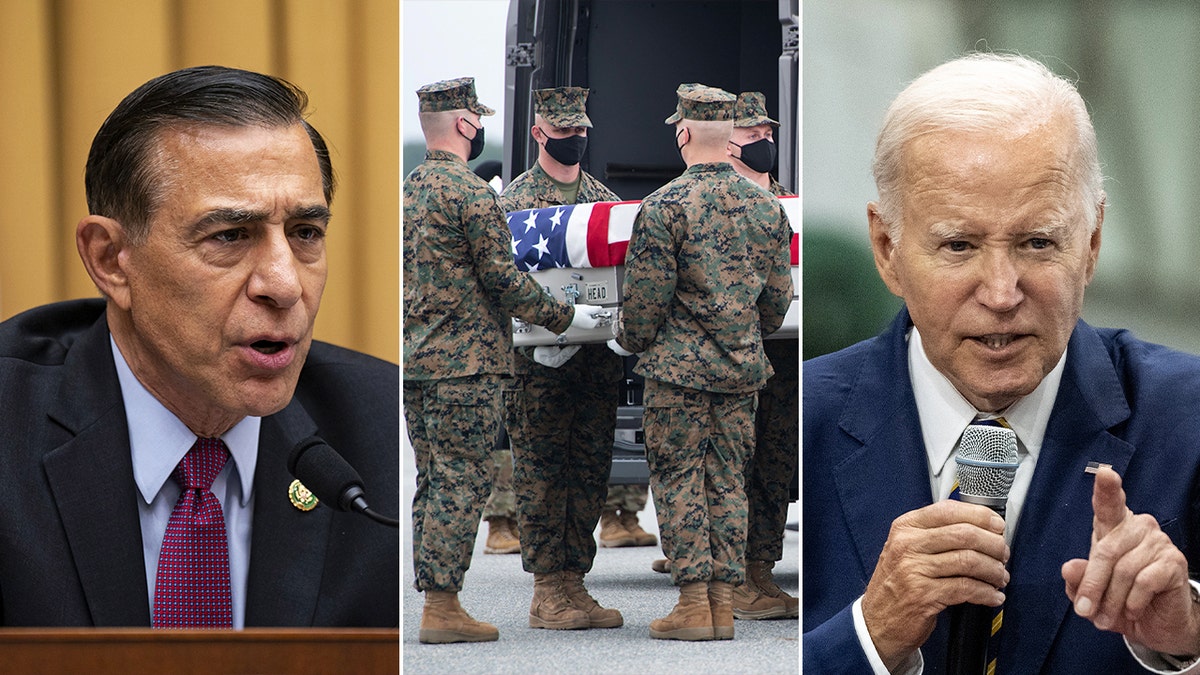 Issa, flag-draped casket and Biden split image