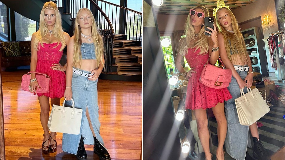 Jessica Simpson in a hot pink dress poses next to Maxwell in a jean shirt and skirt split a different pose