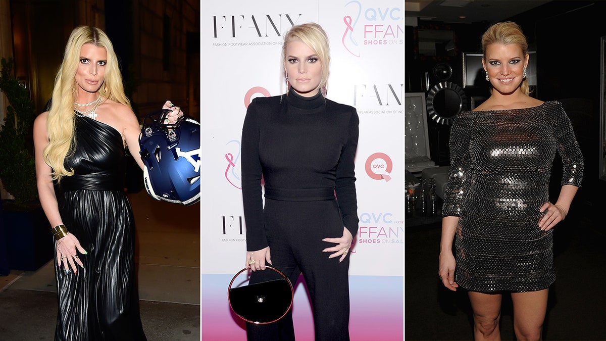 Jessica Simpson walks on the street in a black jumpsuit split Jessica Simpson on the carpet in a black outfit split Jessica Simpson with her hair pulled back in a sparkly short long-sleeve dress