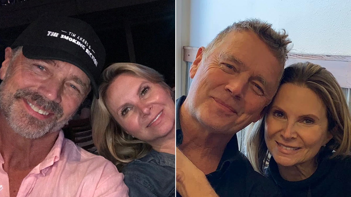 John Schneider in a pink shirt leans his head into his wife Alicia's for a selfie split John leans his head into Alicia's in another selfie