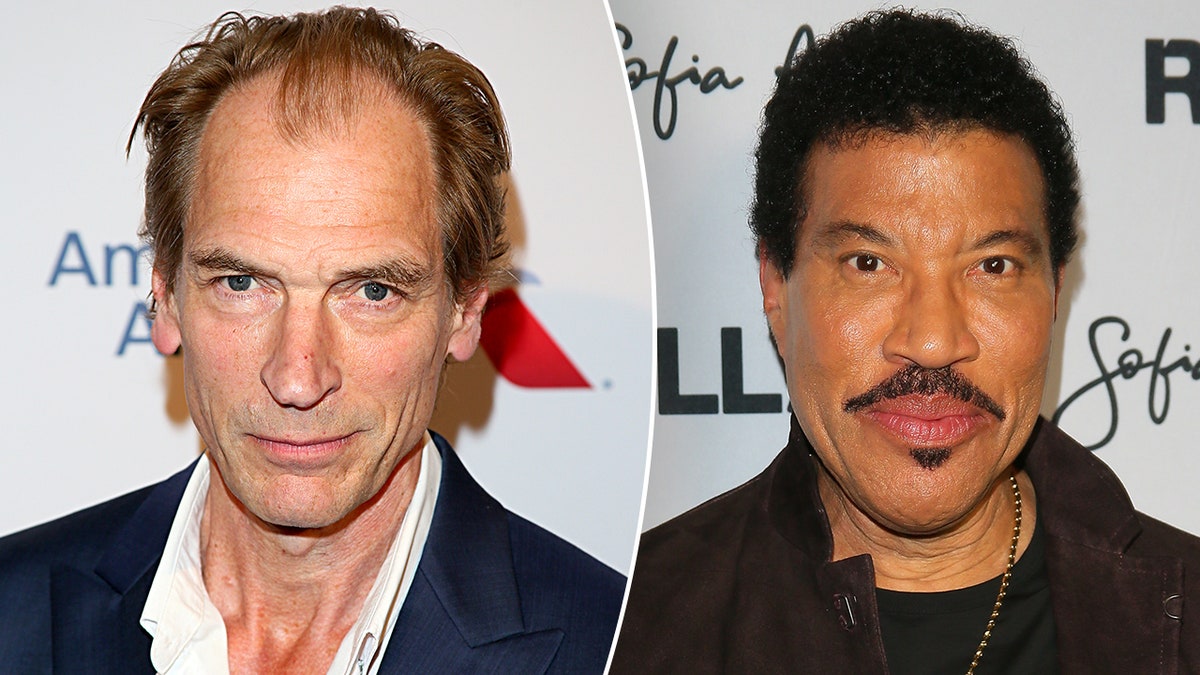 Julian Sands in a white shirt and navy jacket on the carpet split Lionel Richie in a brown jacket on the carpet