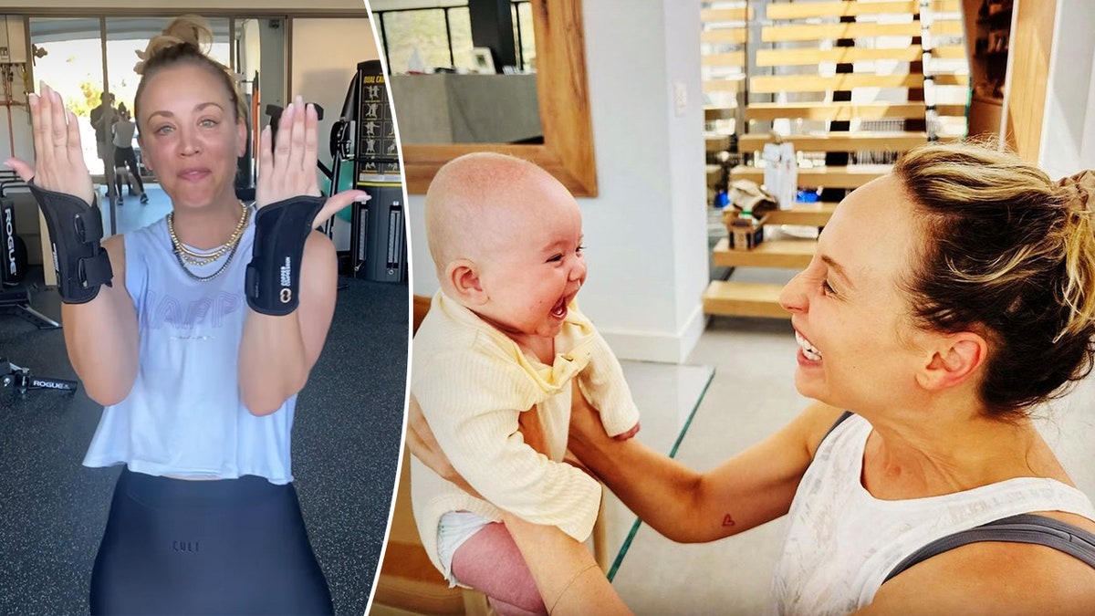 Kaley Cuoco in the gym shows off her black wrist wraps for her Carpal Tunnel split Kaley Cuoco holds baby daughter Matilda out in front of her and they both smile at each other