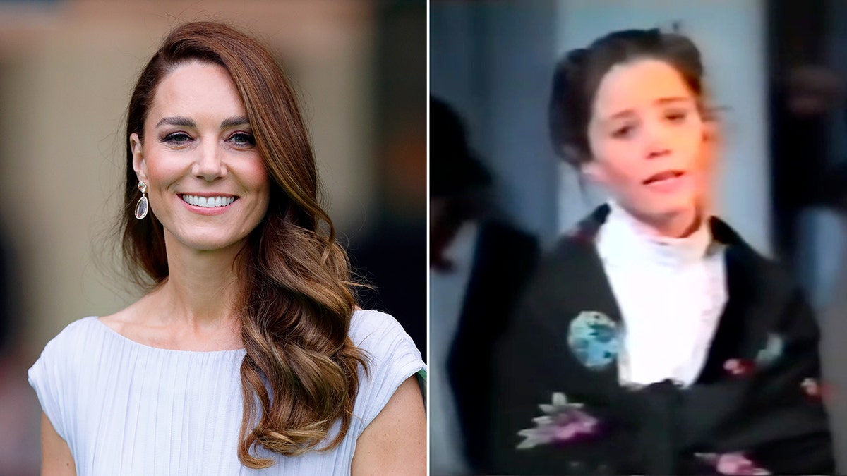 side-by-side photo Kate Middleton now and Kate Middleton as a child in the video