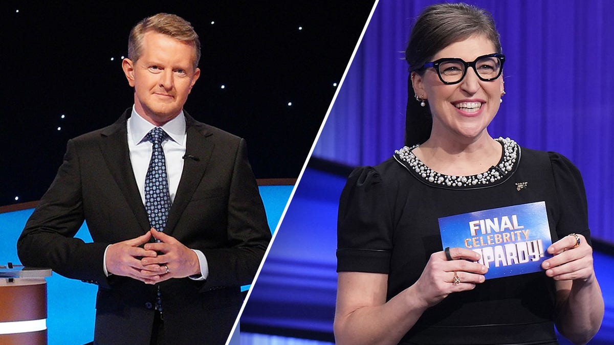 A split image of Ken Jennings and Mayim Bialik