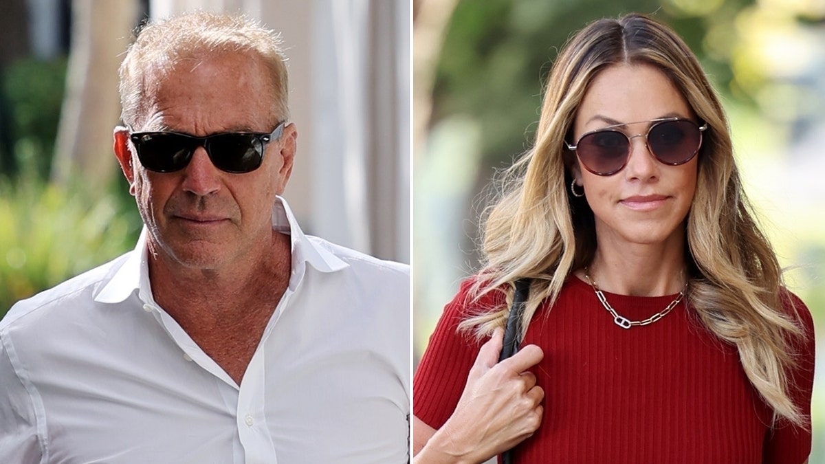 Kevin Costner wears white button-down shirt, Christine Baumgartner sports red blouse and slacks