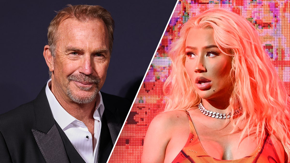 Kevin Costner in a suit on the carpet split Iggy Azalea performing on stage