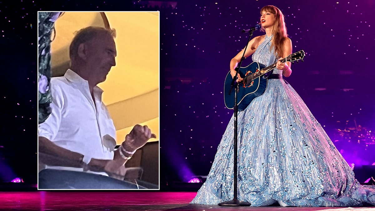 Kevin Costner watches Taylor Swift perform at Sofi Stadium