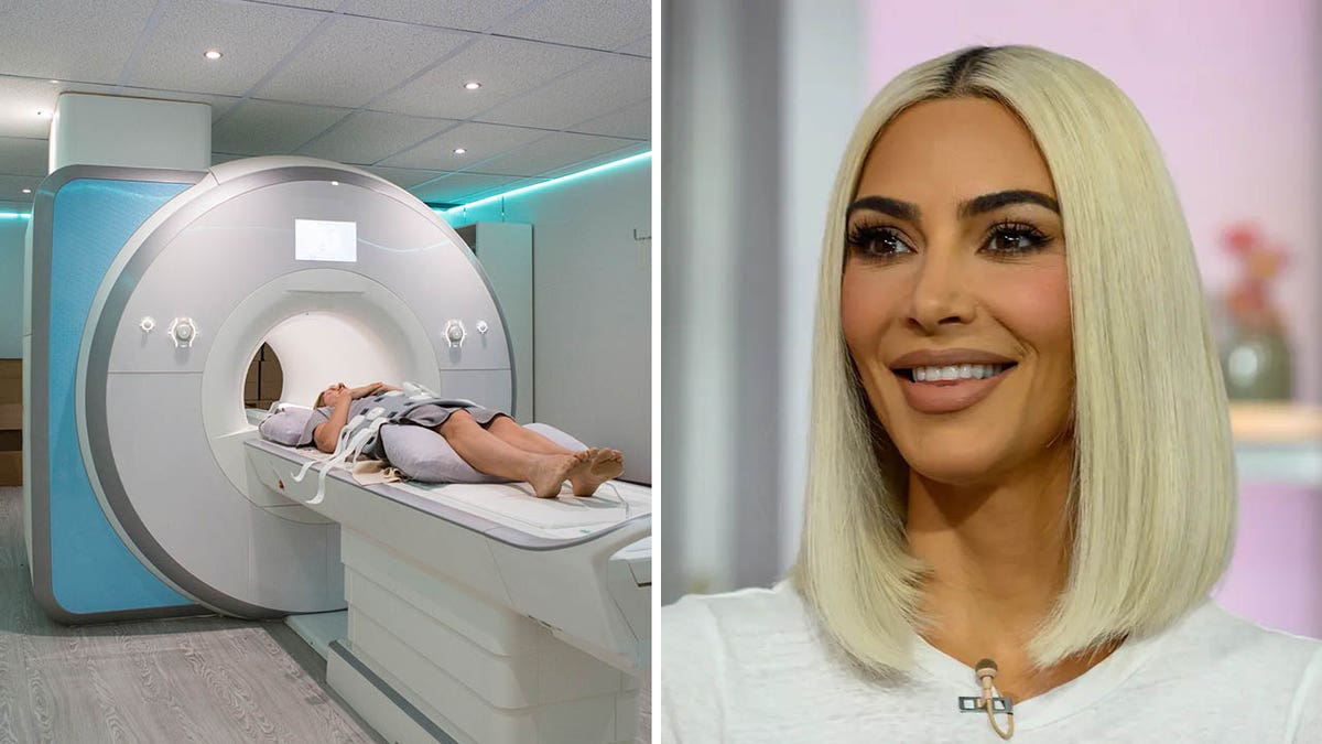 Kim Kardashian in a close-up bob and a whole body MRI machine