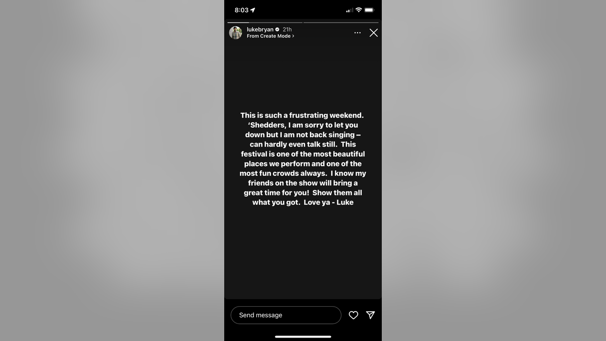 Text from Luke Bryan Instagram story about canceled show