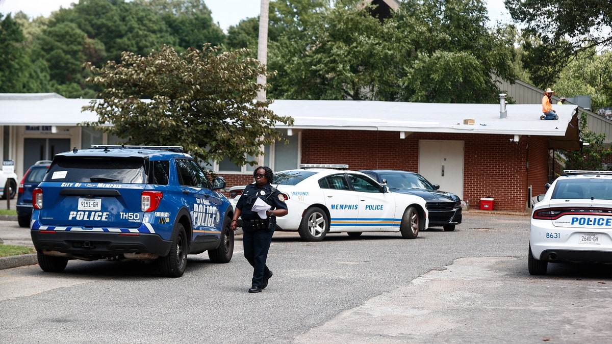 A police officer is seen at Margolin Hebrew School, Memphis, Tennessee, July 31, 2023.