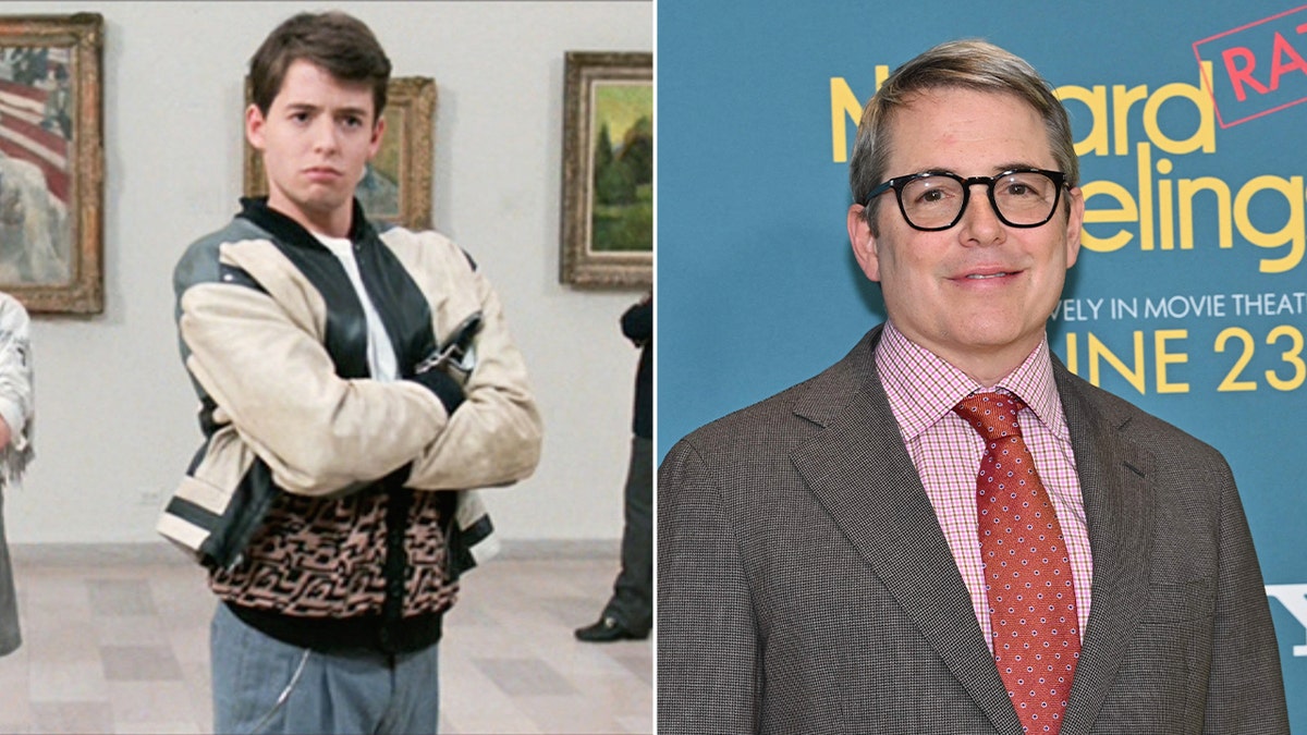 Matthew Broderick as Ferris Bueller in 1986, and at the premiere of his latest film, wearing glasses