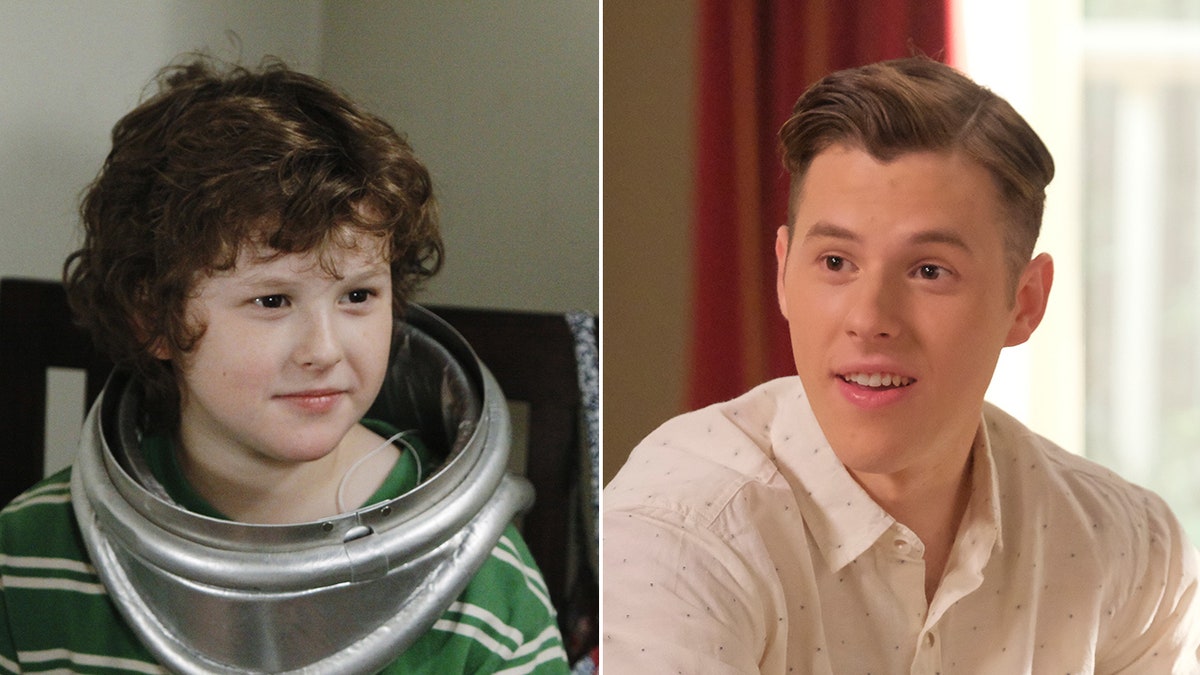 Nolan Gould in the remains of a scuba diving mask as Luke Dunphy in "Modern Family" split Nolan Gould in a white shirt as a teenaged Luke Dunphy