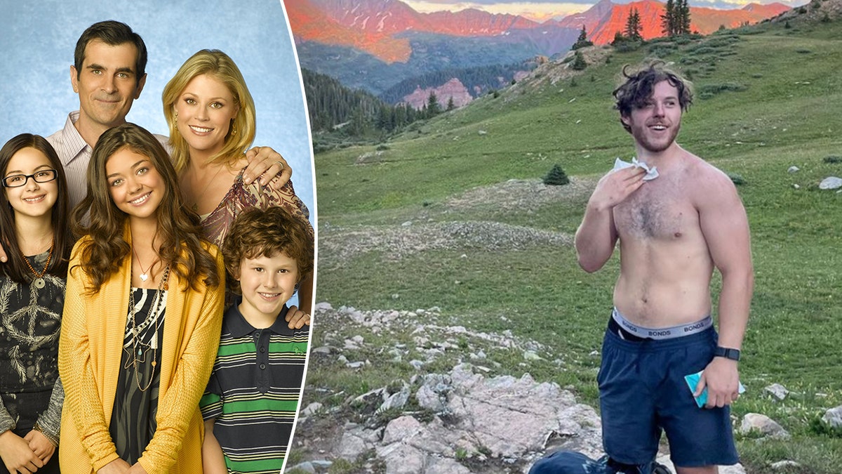 The Dunphy family of "Modern Family" including Phil, Claire and their three children Hailey, Alex and Luke split a photo of Nolan Gould (who played Luke) in the wilderness showing off his abs