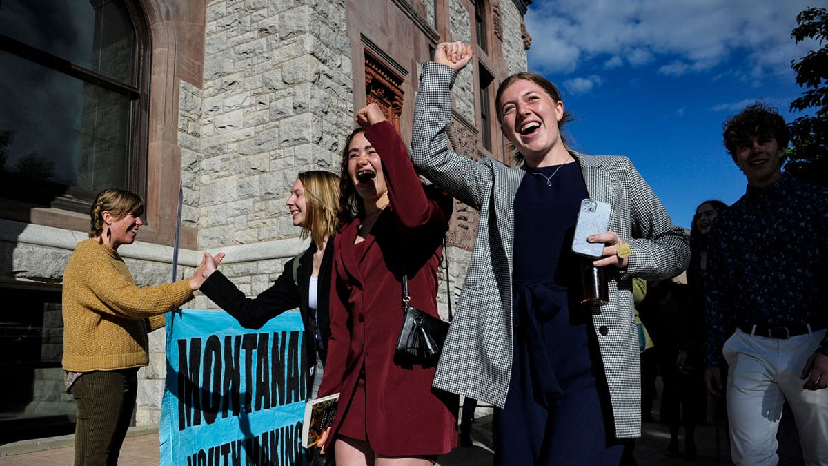 Youth plaintiffs of climate change lawsuit Held vs. Montana arrive at the Lewis and Clark County Courthouse on June 20, 2023, in Helena, Montana.