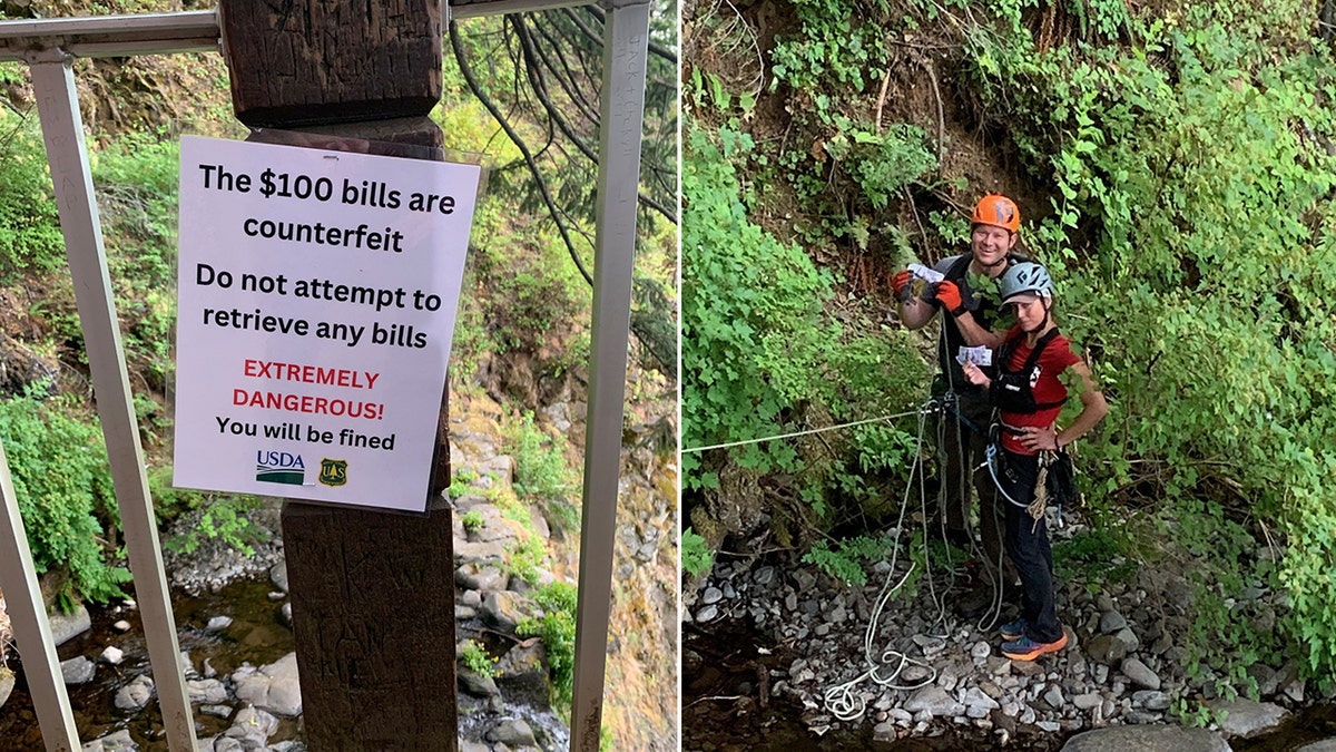 warning note and rescuers retrieving fake money