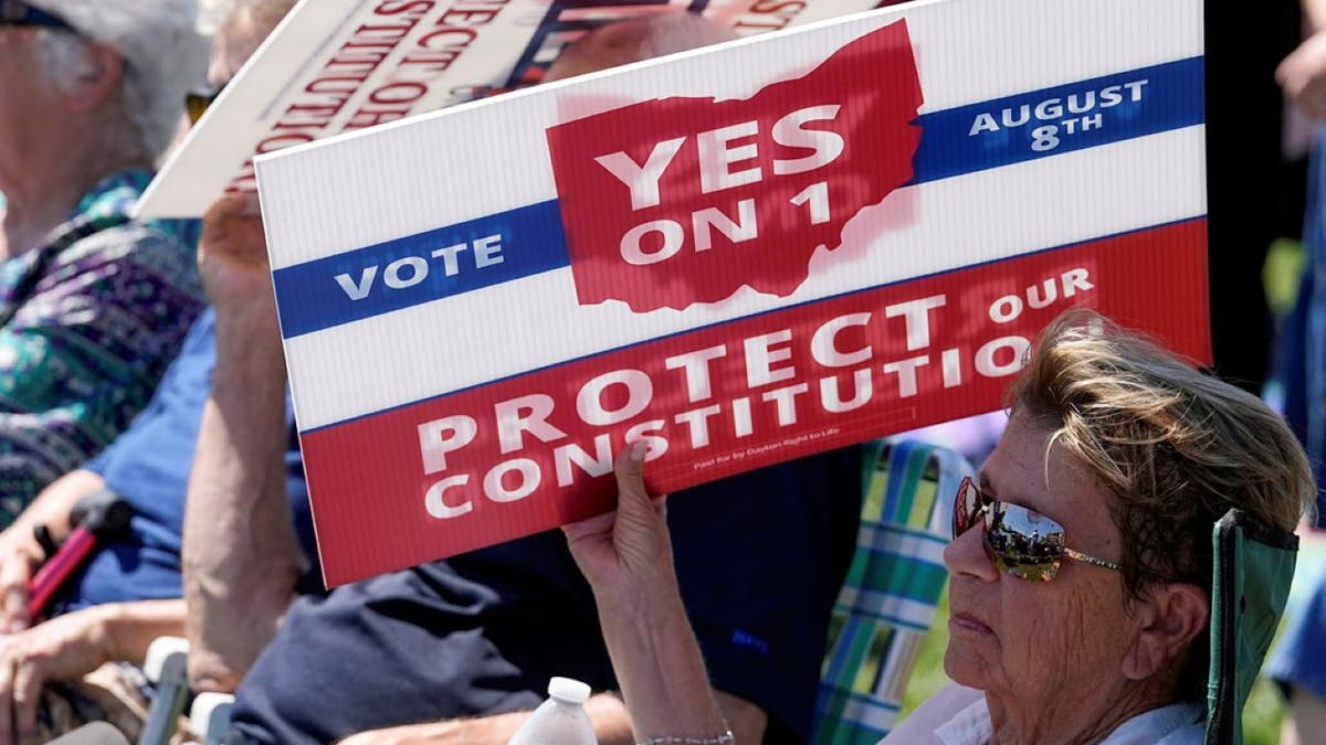 man holding Yes on 1 placard in Ohio protest