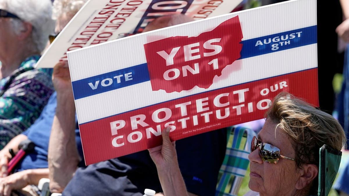 man holding Yes on 1 placard in Ohio protest