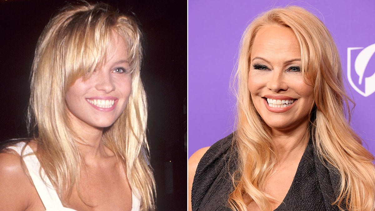 A split image of Pamela Anderson in 1991 and in 2023