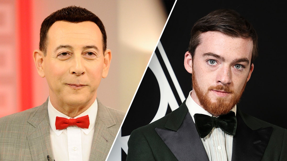 Paul Reubens dressed as Pee-wee Herman split Angus Cloud in a dark green tuxedo