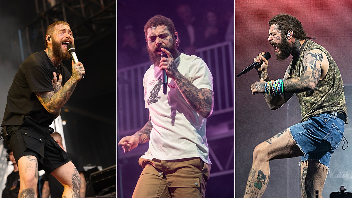 Post Malone through the months of 2023 showing off his slim figure on stage in three different pictures