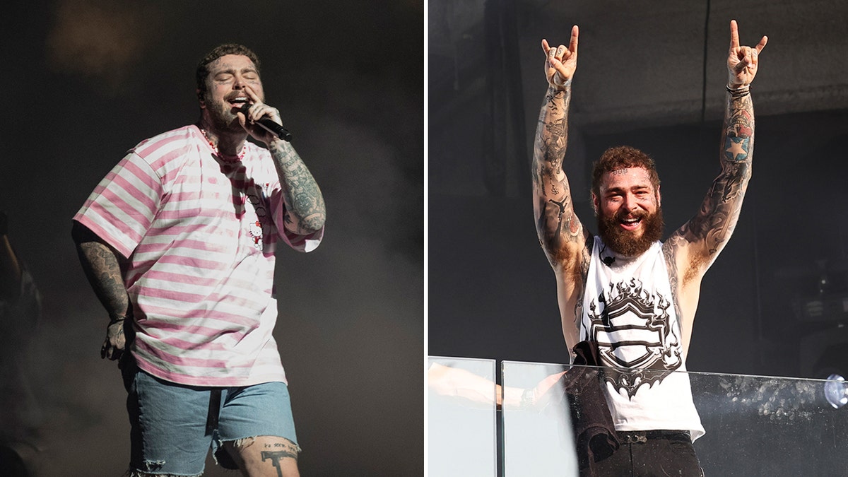 side by side of Post Malone before and after weight loss