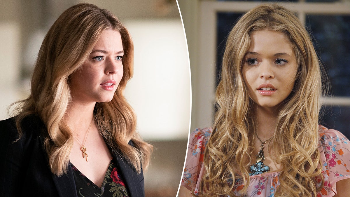 Sasha Pieterse as Alison DiLaurentis in "The Perfectionists" wearing a black blazer and looking slightly distraught split Sasha as Alison in "Pretty Little Liars" season 1 looking perturbed 
