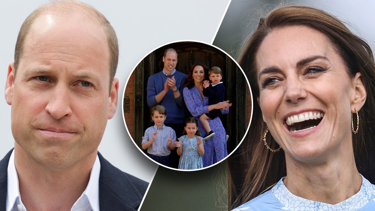 Prince William looks disappointed in stares to his left; split, Kate Middleton laughs and looks to her right; inset: circle of the royals with their three children
