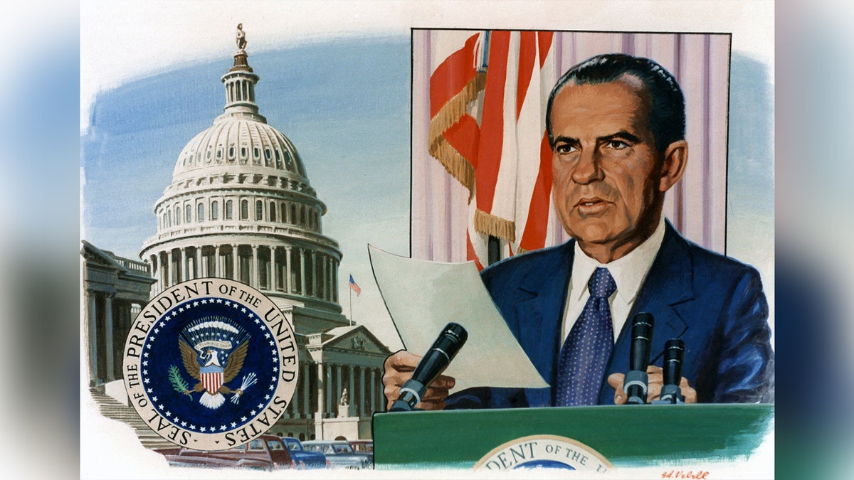 Painting showing Nixon giving a speech