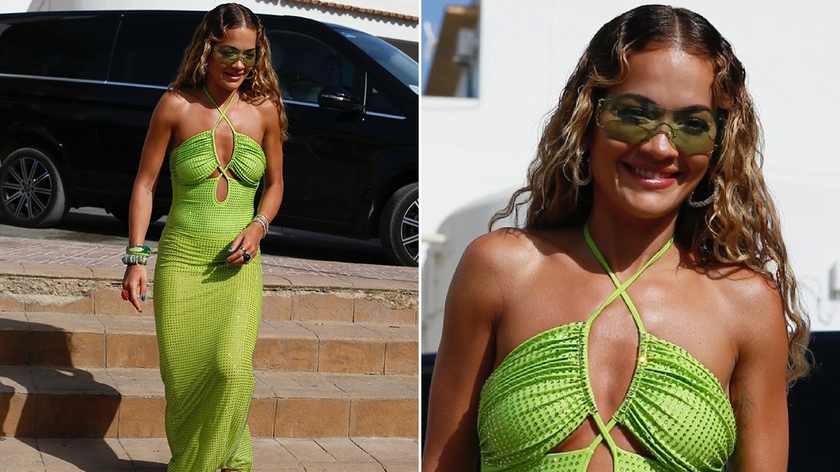 Rita Ora wearing a lime green dress in Ibizia